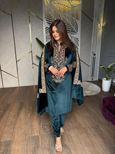 Velvet embroided suit with velvet embroided shawl